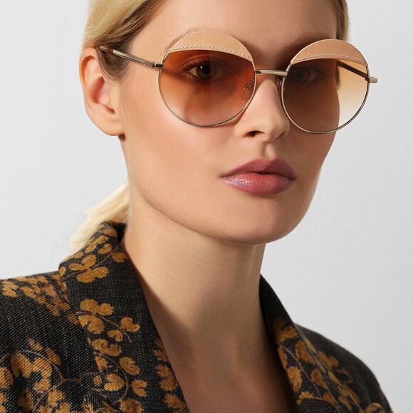 Loewe LW40007U 33N Sunglasses Gold Brown Leather Round Frame - Picture 3 of 12